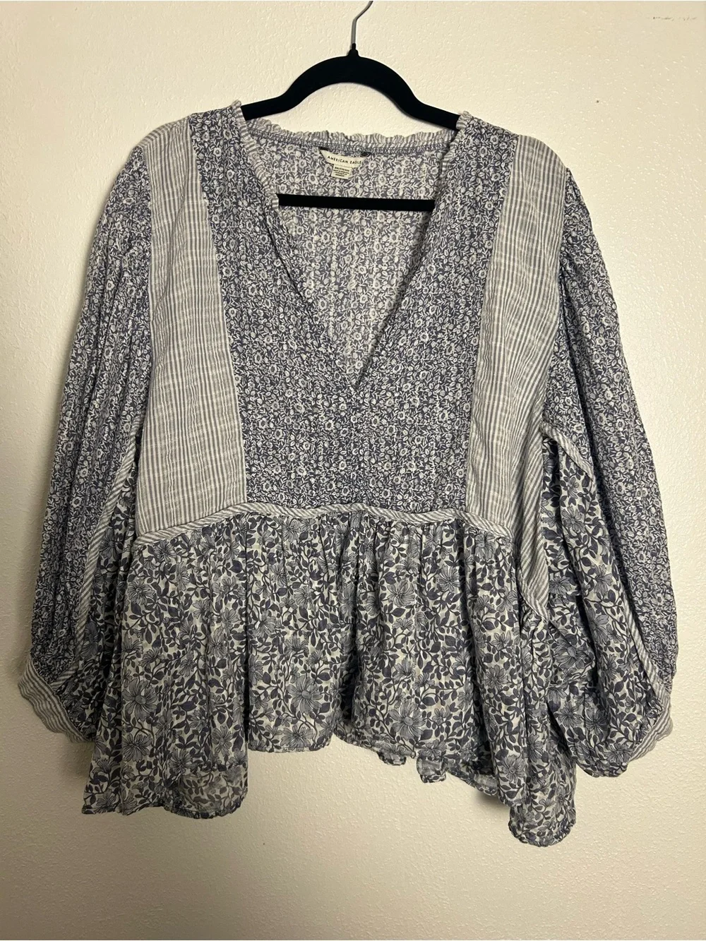American Eagle Outfitters Blue & White Popover,V-neck Mixed-Print Peasant Blouse - Picture 1 of 8